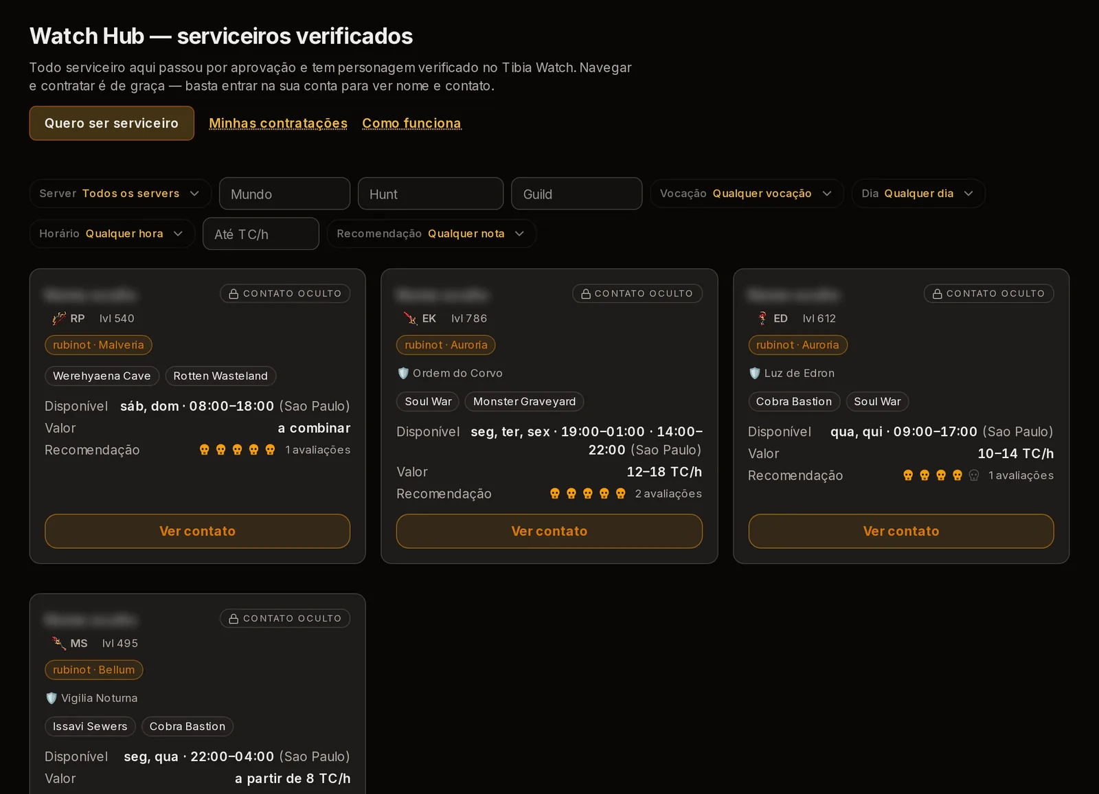 O hall com os filtros abertos. Sem estar logado, o nome de cada serviceiro fica oculto — o resto do card é público.