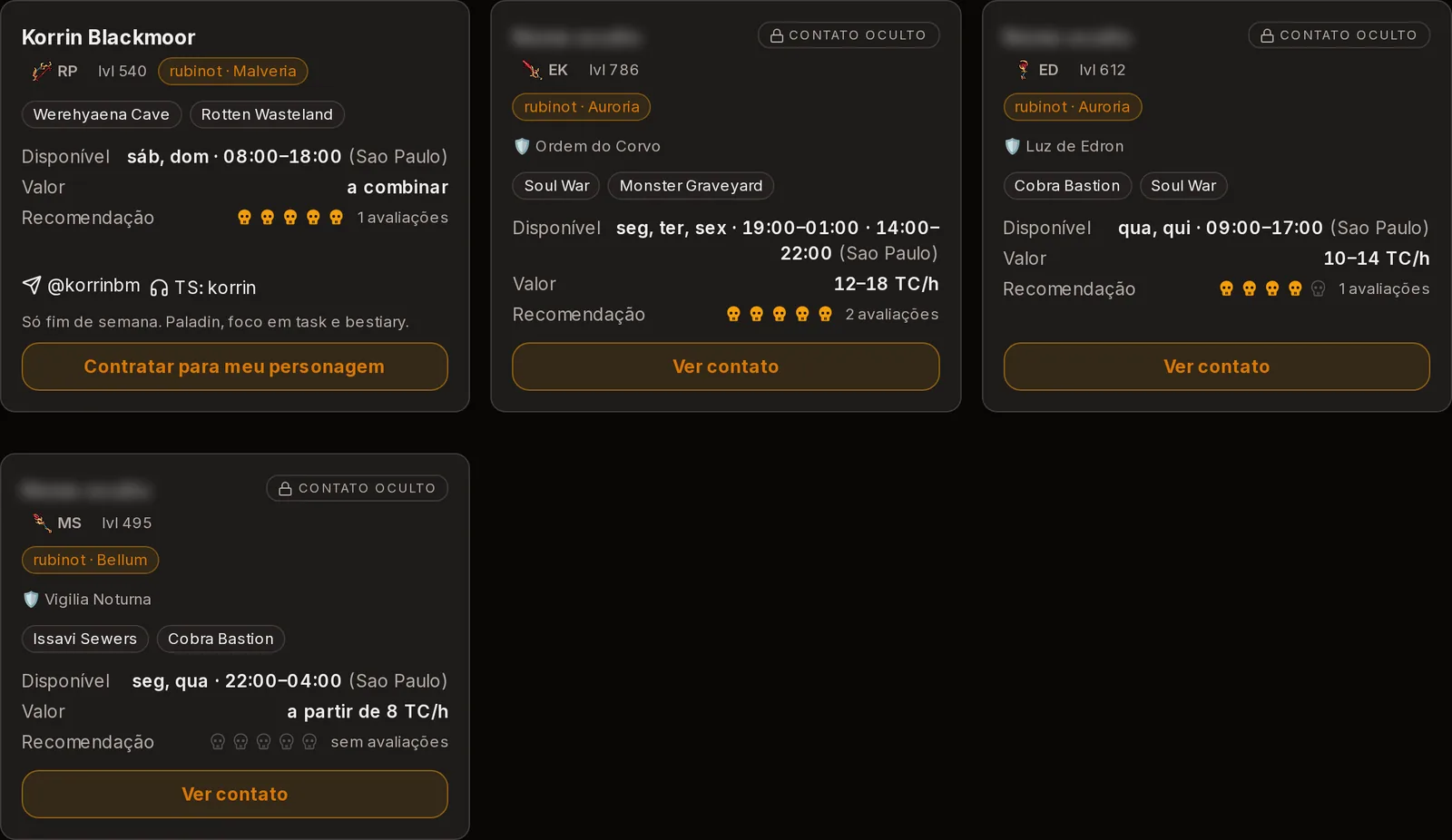 Com a conta conectada, o card abre o nome, o Telegram e o nick no TeamSpeak, e libera o botão de contratar.