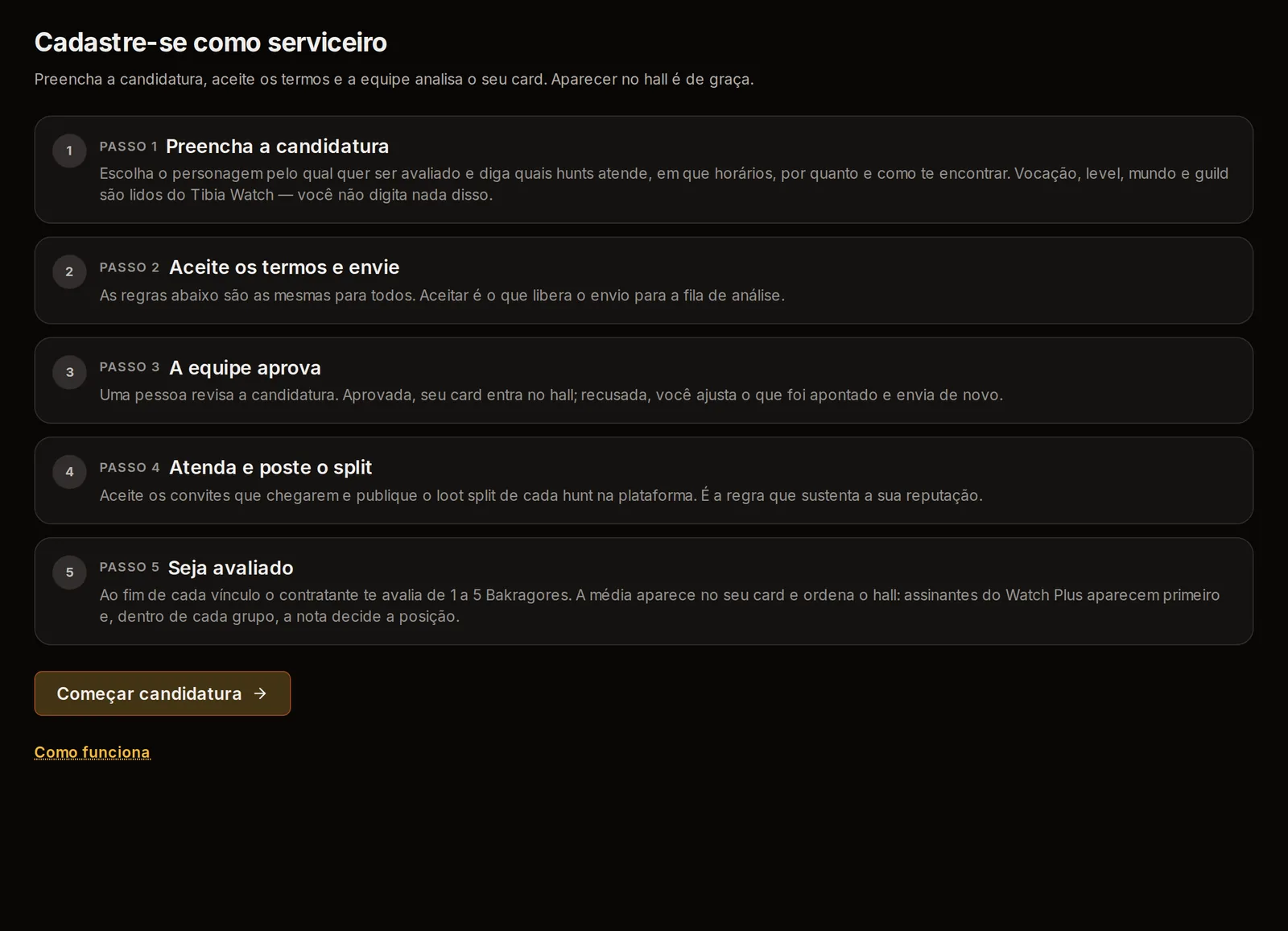 A página de cadastro resume as cinco etapas antes de abrir o formulário.
