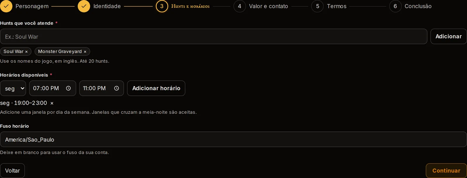 Etapa 3. Cada hunt entra como etiqueta e cada janela de horário vale para um dia da semana.